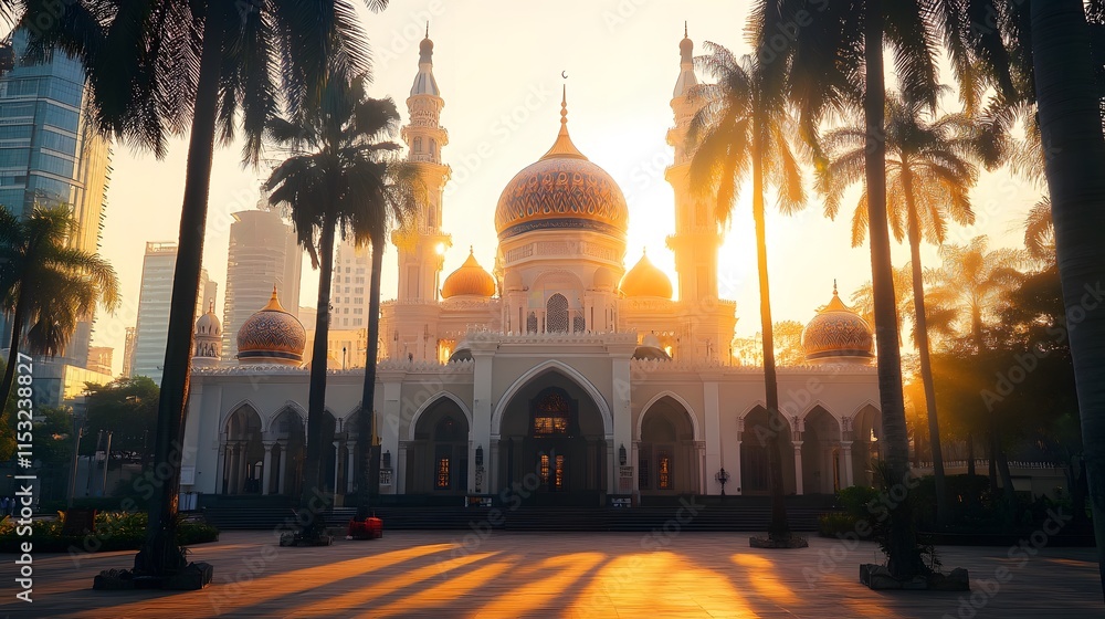 Poster front view of the masjid jamek in kuala lumpur, with intricate moorish architecture glowing under th