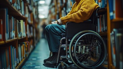 Obraz premium Elderly Person in Wheelchair Library Bookshelves