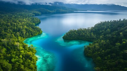 Obraz premium Aerial shot of the scenic Lake Kenyir, with its tranquil blue waters surrounded by dense green rainforests, in 4K resolution