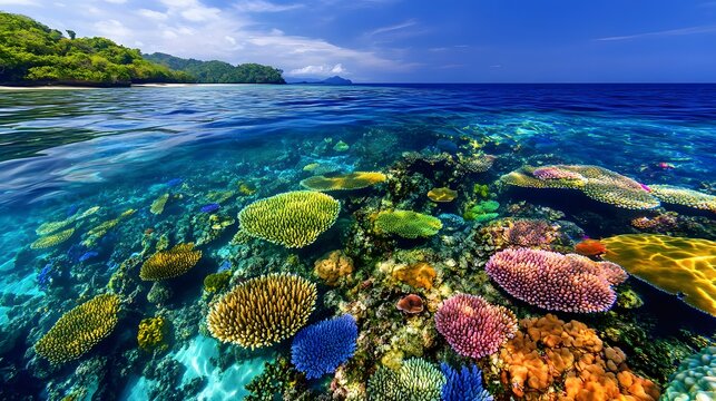 Aerial shot of the vibrant coral reefs of Redang Island, teeming with colorful marine life under crystal-clear waters, in 4K resolution