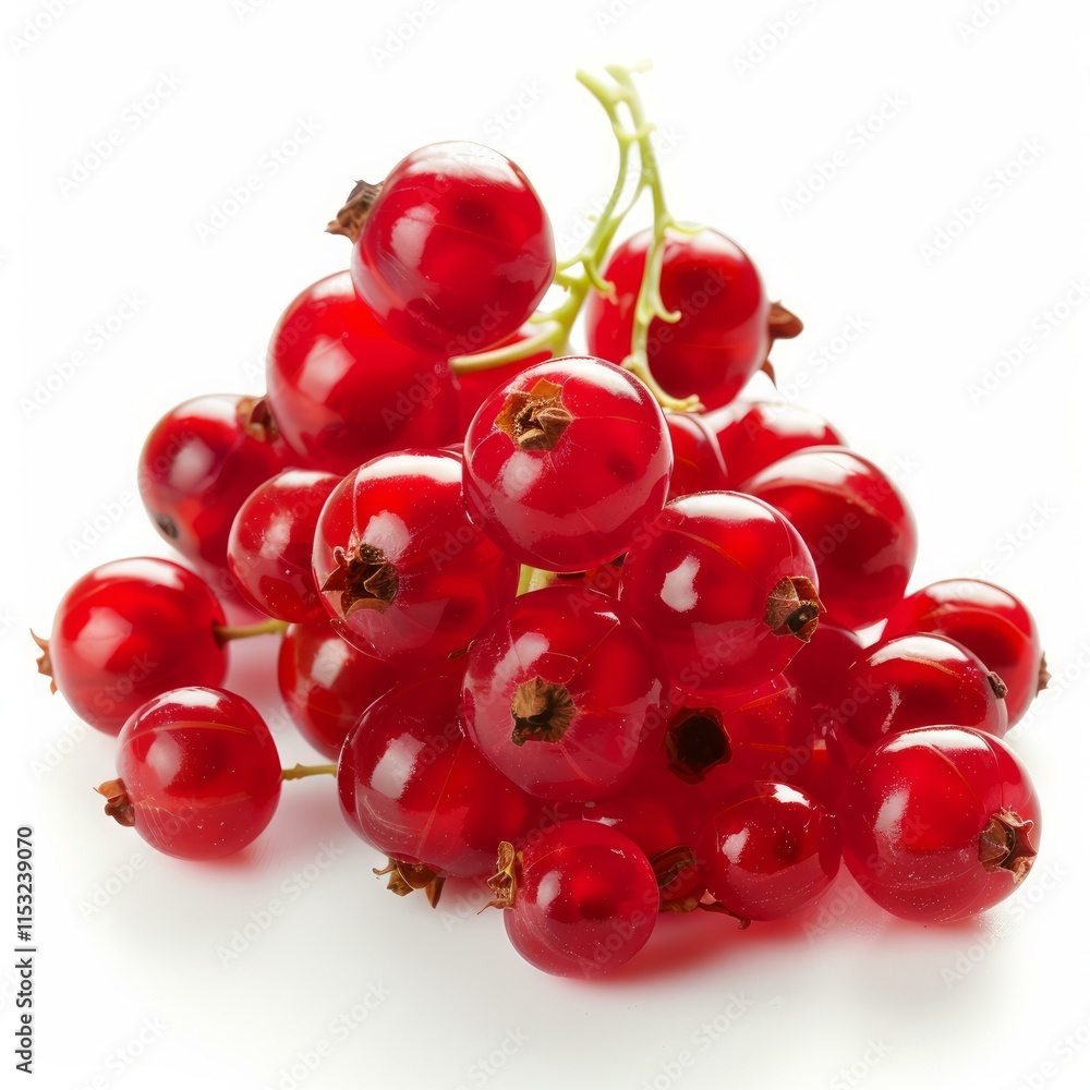 Poster freshly picked red currants with green stems create a vibrant display against a clean white backdrop