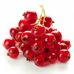 Freshly picked red currants with green stems create a vibrant display against a clean white backdrop