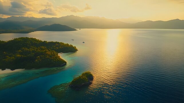 Aerial shot of the pristine waters of Manukan Island in Kota Kinabalu, with vibrant coral reefs glowing under bright sunlight, in 4K resolution