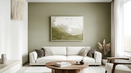 Modern living room with white sofa, olive green wall, and abstract art.