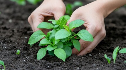 Hands Gently Planting A Green Seedling In Soil