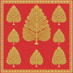 Obraz premium A vibrant pattern featuring golden trees on a rich red background, exuding warmth and festive spirit.