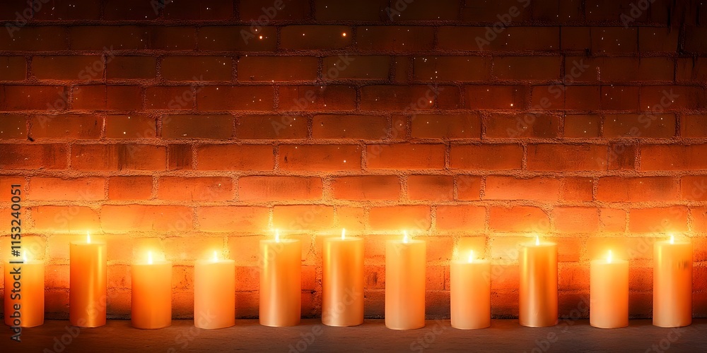 Poster a row of lit candles on a surface in front of a textured brick wall, creating a warm, ambient glow. 