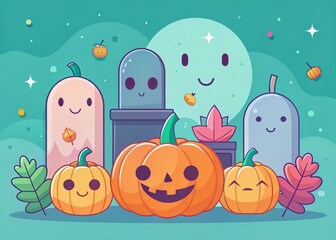 Naklejka premium Minimalist Halloween Cartoon: Pumpkins & Tombstones - Spooky Fall Illustration