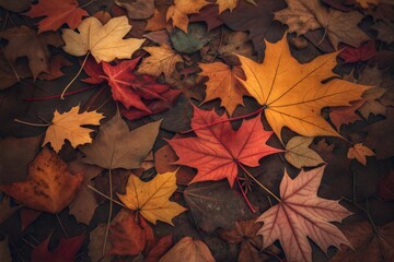 Vibrant Autumn Maple Leaves Scattered in Red, Orange, and Yellow - Seasonal Fall Background