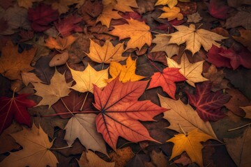 Fototapeta premium Vibrant Autumn Maple Leaves Scattered in Red, Orange, and Yellow - Seasonal Fall Background
