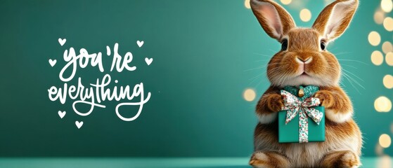 Adorable Bunny Holding Gift, Youre Everything Valentines Day Card