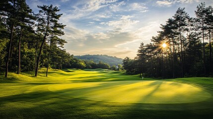 A serene golfing experience on a meticulously groomed course, Golf essentials elegantly displayed, Classic sporting style