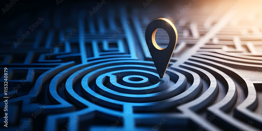 Poster a wooden location pin on a blue maze, symbolizing navigation or finding one's way through complexiti