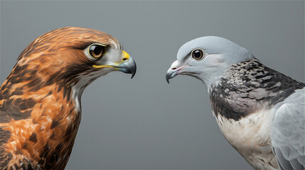 A hawk and a dove, looking at each other, against a gray background. Hawks and doves, monetary policy concepts