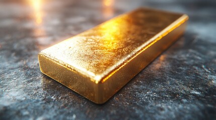 A shiny gold bar rests on a dark, textured surface, illuminated by soft warm light. The bar reflects a sense of wealth and opulence, standing out beautifully