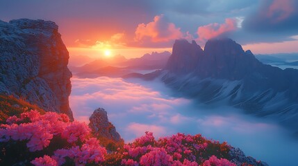 Majestic sunrise over the dolomites mountains italy – nature landscape photography vibrant floral foreground serene atmosphere