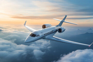 Obraz premium Luxury Jet Soaring Above Clouds at Sunrise