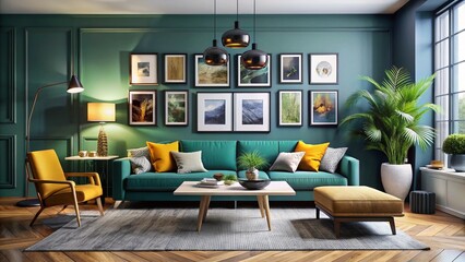 Minimalist Living Room Gallery Wall, Monochrome Furniture, Eclectic Art, Hyperrealistic