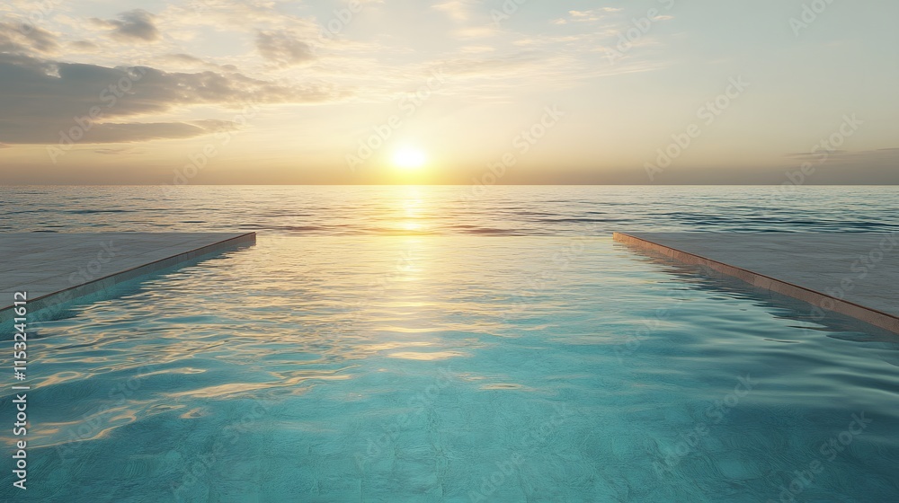 Aufkleber Front view of a serene infinity pool blending seamlessly into the ocean horizon under soft golden light, in 4K resolution