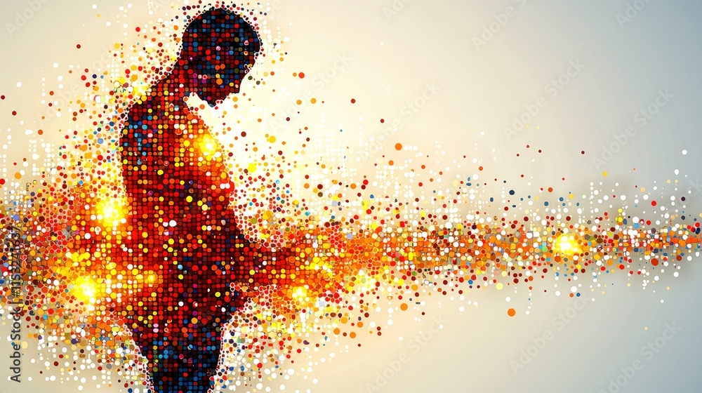 Poster abstract silhouette of a person made of colorful mosaic tiles dissolving into particles. ideal for b