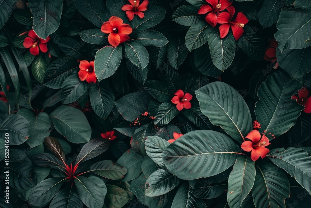 Poster red flowers add a touch of vibrant color to a backdrop of lush green leaves, creating a captivating 