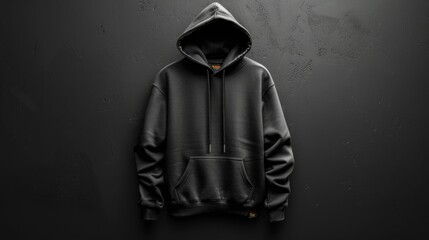 Black hoodie on a black background, top view, copy space