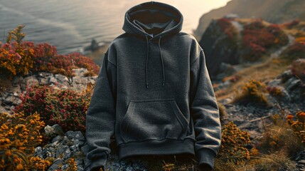 gray hoodie sits on a rock by the sea