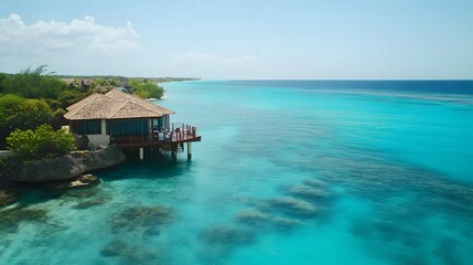 Aerial shot of a water villa with a private plunge pool overlooking endless turquoise waters, in 4K resolution