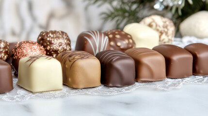 Beautiful Valentine's Day chocolates lined up on a table with stylish lace and sparkling decorations
