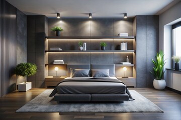 Obraz premium Minimalist Monochromatic Bedroom Night Photography: Floating Shelves & Modern Design