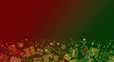Christmas Gift Explosion: A festive and celebratory background with a gradient of red and green, featuring scattered Christmas presents, snowflakes, and glowing lights.