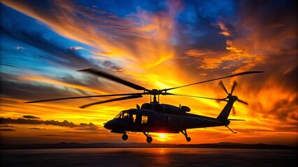 Minimalist Navy Helicopter Silhouette Against Sunset Sky