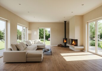 Living Room Interior With Sofa, Wicker Armchair, Cactus Plant And Coffee Table