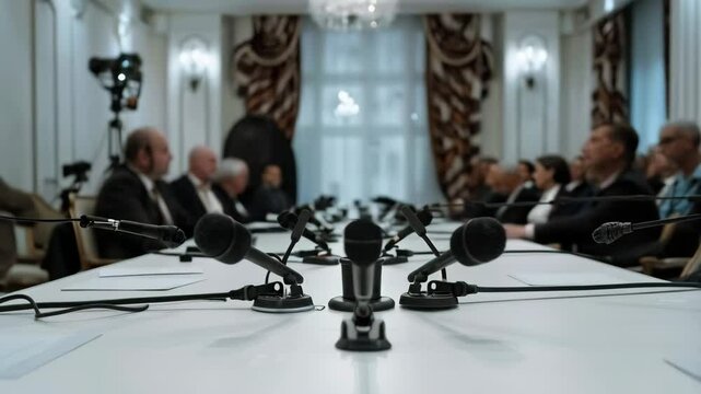 business or political conference, white table with microphones and business people sitting on the background