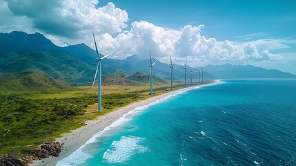 Wind turbines generating clean energy bantay ilocos sur aerial view coastal landscape renewable energy concept