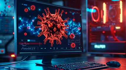 Visual Representation of a Virus Displayed on a Computer Screen Within a Tech Lab at Night, Showcasing Modern Digital Research and Analysis - Powered by Adobe