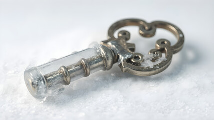 3D render close-up of a vintage key frozen in clear ice, with frosty highlights accentuating its design, isolated on white background, ultra-realistic 8K