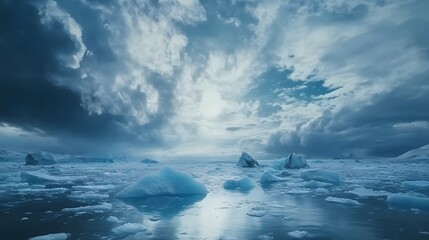 Obraz premium Front view of the Jokulsarlon Glacier Lagoon, with icebergs floating under a dramatic cloudy sky, in 4K resolution