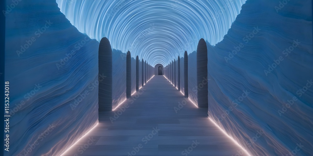 Poster a futuristic, illuminated hallway with smooth, wave-like walls and a glowing path leading to a dista