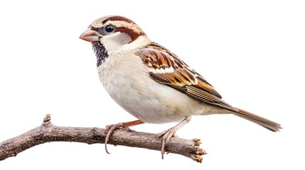 Fototapeta premium A Small Brown And White Sparrow Perched On A Branch