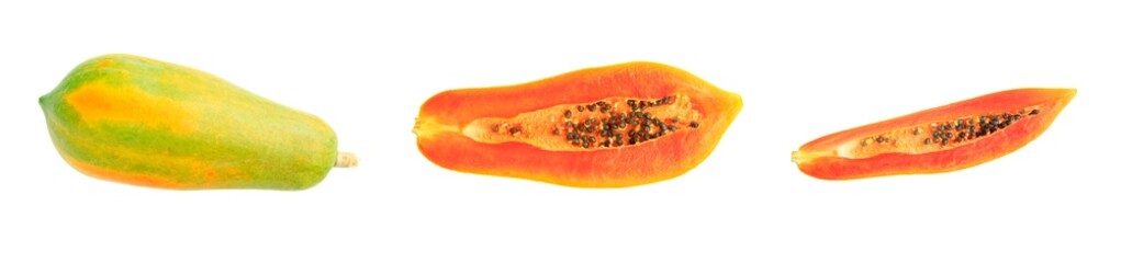 Ripe papaya fruit sliced isolated on white background, Organic papaya, Ripe fruit