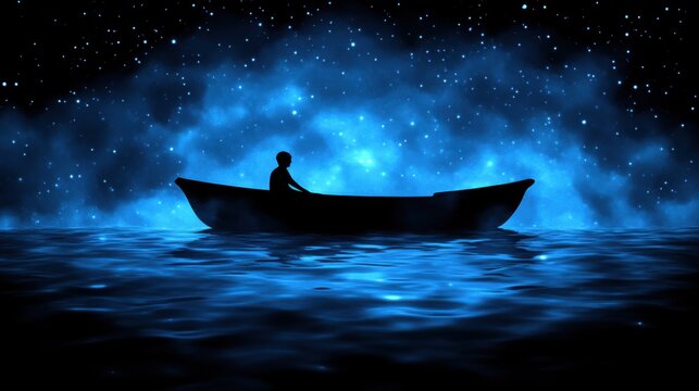Solitary figure in a small boat on a dark blue sea under a starry sky.