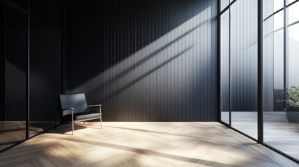 Modern minimalist room with dark walls, wood floor, armchair, and large window.