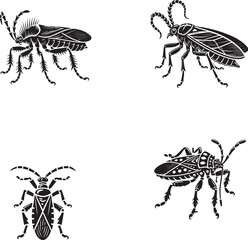 "4 Set of Black Boxelder Bug Silhouettes Isolated on White Background"