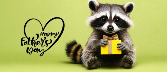 Naklejka premium Adorable Raccoon Celebrates Fathers Day with a Gift