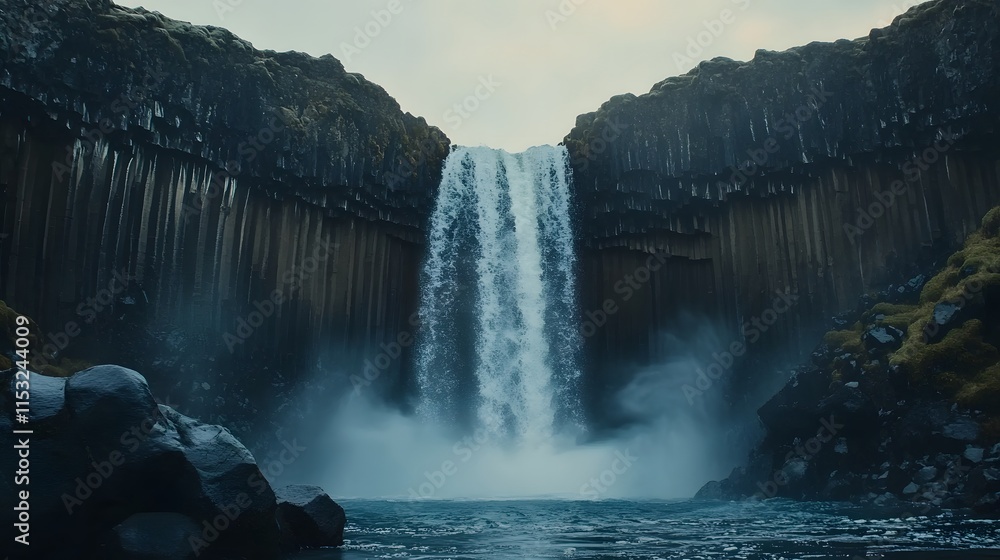 Poster front view of the dramatic aldeyjarfoss waterfall, with basalt columns and cascading water glowing u