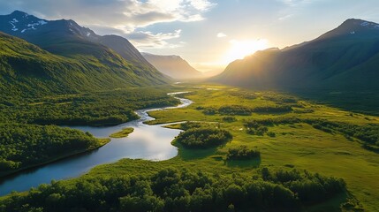 Fototapeta premium Aerial shot of the serene Skaftafell National Park, with lush green valleys and cascading waterfalls under golden sunlight, in 4K resolution