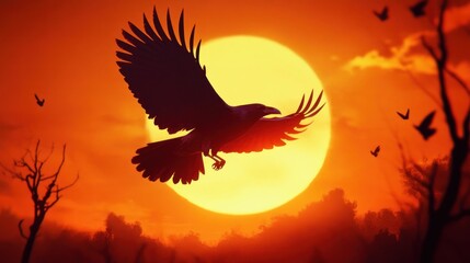 Obraz premium A cawing black crow rises into the air, its sleek wings outlined against the fading amber sky. the photo conveys the drama of its flight.