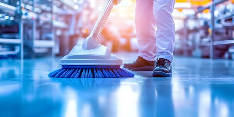 A person sweeping a shiny floor in a commercial kitchen or similar environment with a large blue broom. Concept Commercial Kitchen Cleanliness, Professional Cleaning Techniques