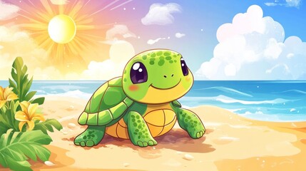 Cute turtle on the beach with sun background
